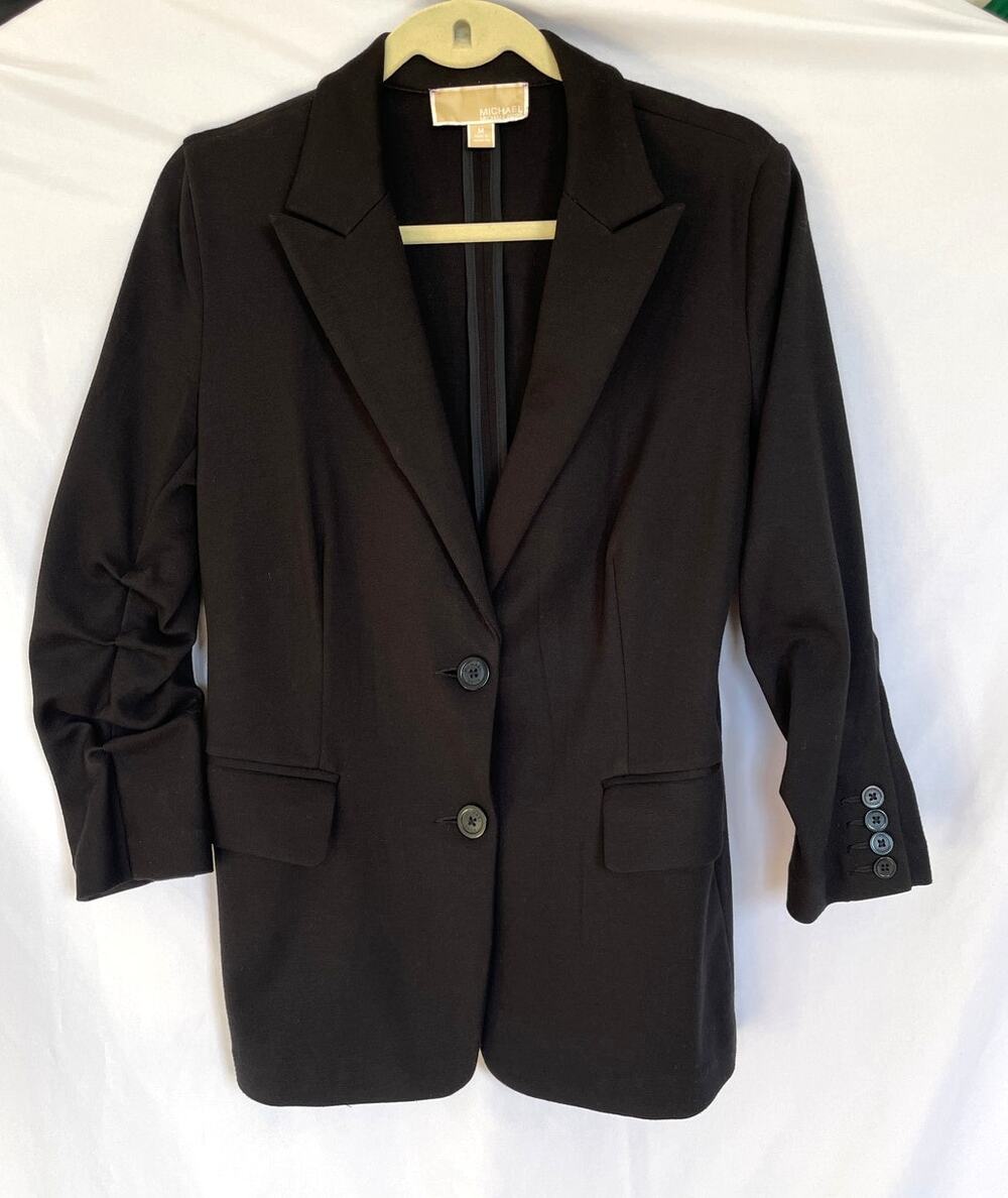 Michael Kors Black Fitted Stretchy Ruched 3/4 Sleeve Blazer Jacket, Medium
